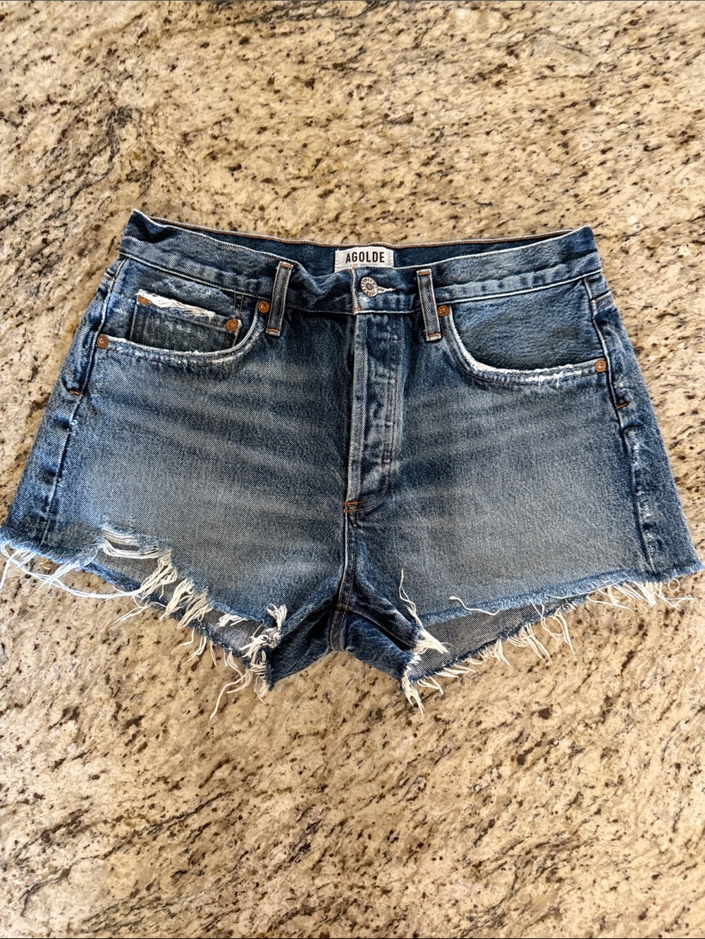 Agolde Parker Vintage Cut-Off Distressed High-Rise Jean Shorts in Rip-Tide Sz 29